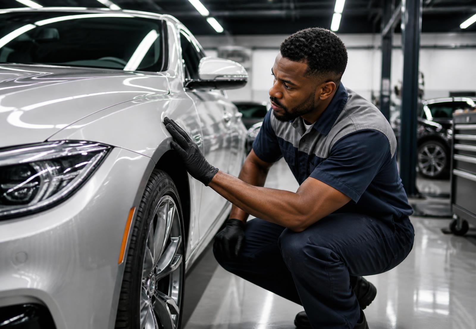 Auto body technician repairing a modern vehicle